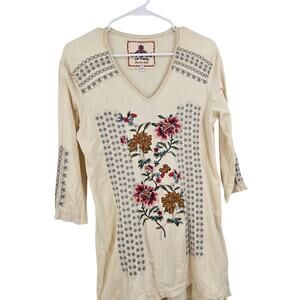 Johnny Was Embroidered Tunic Top Cream High Low 3/4 Sleeve Pullover Boho Size S